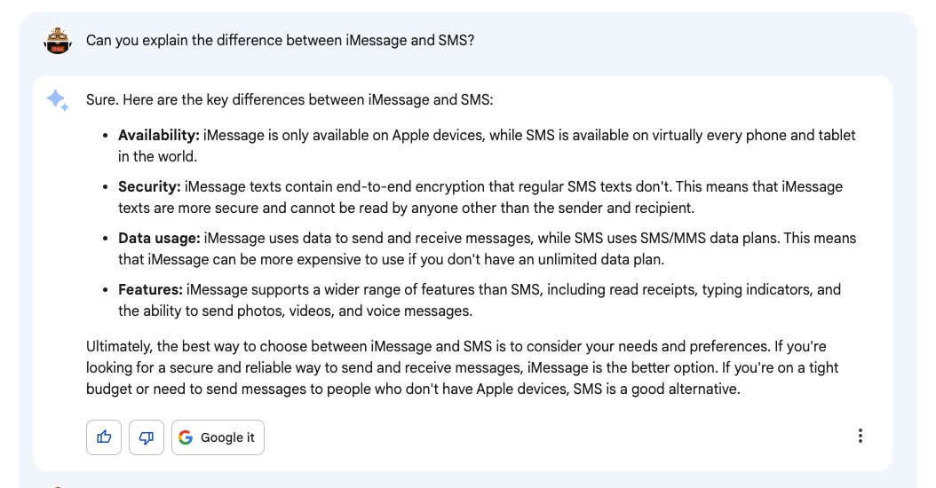 Difference between iMessage and SMS by Google Bard